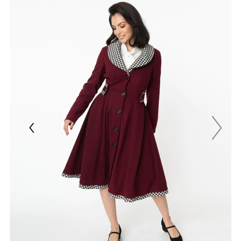 Unique Vintage Burgundy & Houndstooth Parkview Swing Coat